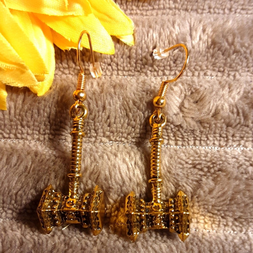 Handcrafted Mideival Hammer Earrings Gold Tone Renaissance Fair